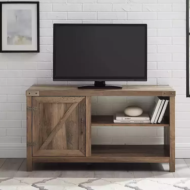 barn_door_rustic_oak_tv_stand_with_open_shelves_2.webp Barn Door Rustic Oak TV Stand with Open Shelves>Kirklands Home Best Sale