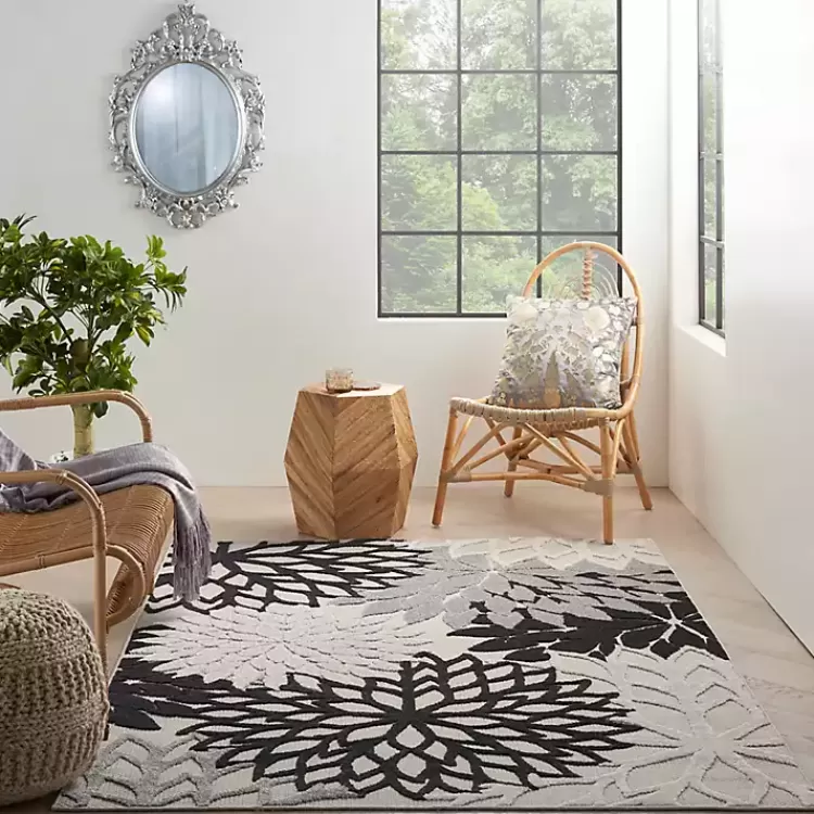black_and_white_floral_outdoor_area_rug_x_7-1.webp Black and White Floral Outdoor Area Rug, 5x7>Kirklands Home Hot