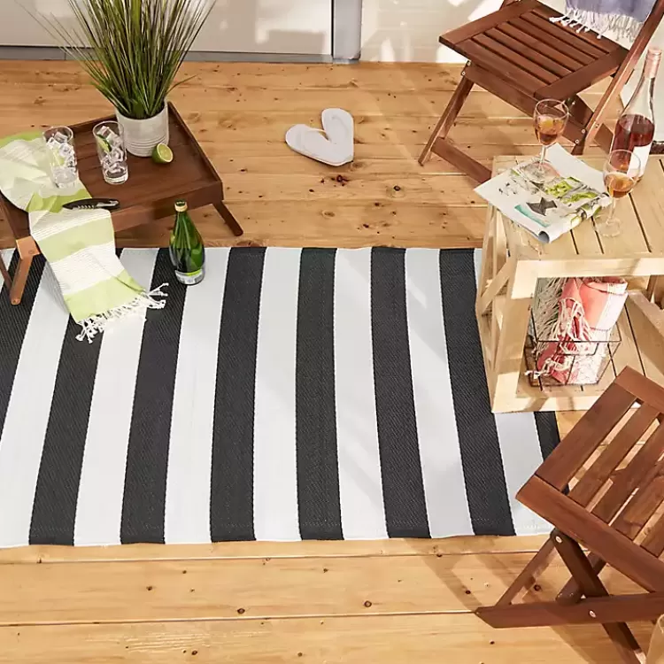 Black and White Rugby Stripe Outdoor Area Rug, 5x8>Kirklands Home Hot