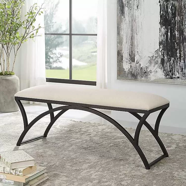 black_metal_arched_frame_upholstered_bench_2.webp Black Metal Arched Frame Upholstered Bench>Kirklands Home Hot