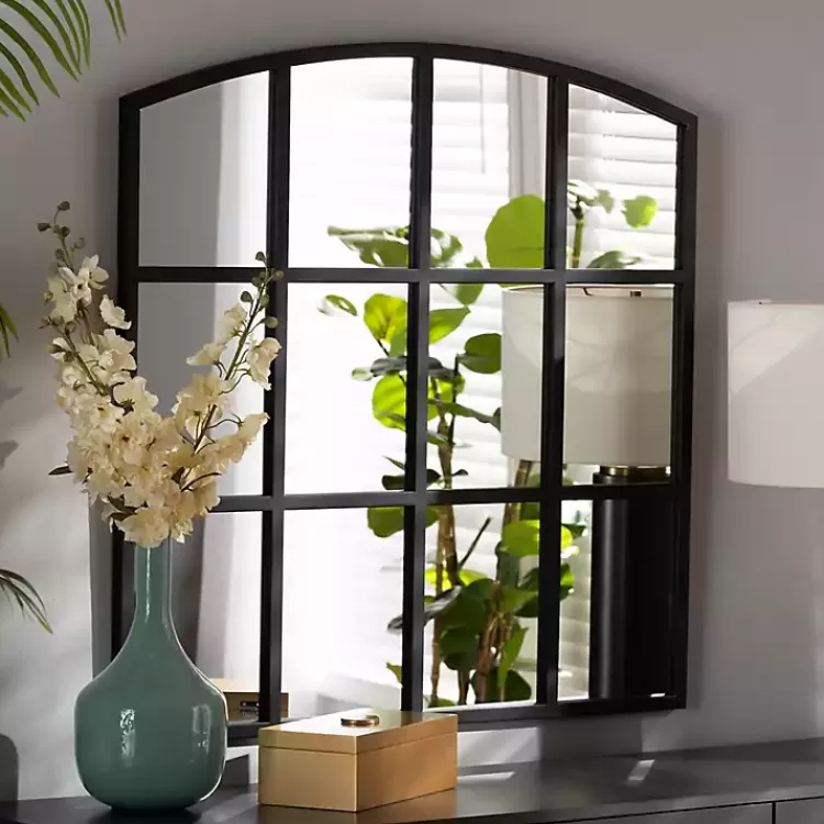 black_metal_windowpane_arched_wall_mirror_2.webp Black Metal Windowpane Arched Wall Mirror>Kirklands Home New