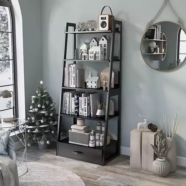 black_wood_shelf_leaning_bookshelf_3.webp Wood 5-Shelf Leaning Bookshelf>Kirklands Home Outlet