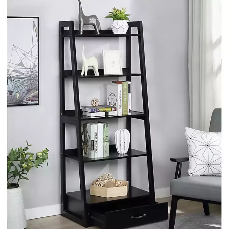 black_wood_shelf_leaning_bookshelf_4.webp Wood 5-Shelf Leaning Bookshelf>Kirklands Home Outlet