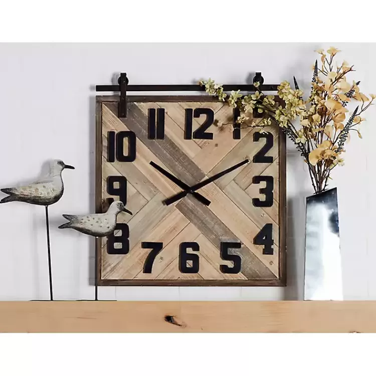 Brown Wood Black Metal Accent Square Wall Clock>Kirklands Home Online