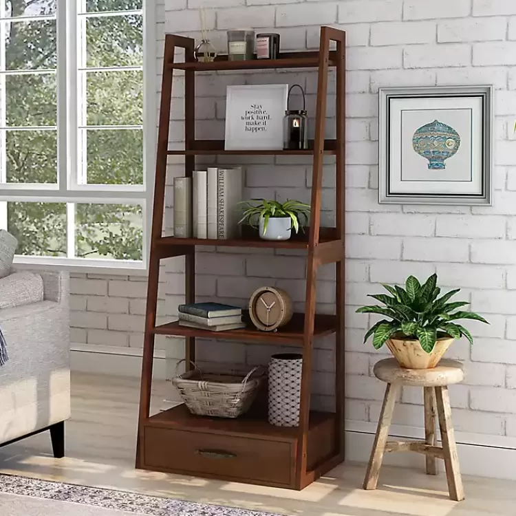 brown_wood_shelf_leaning_bookshelf_3.webp Wood 5-Shelf Leaning Bookshelf>Kirklands Home Clearance