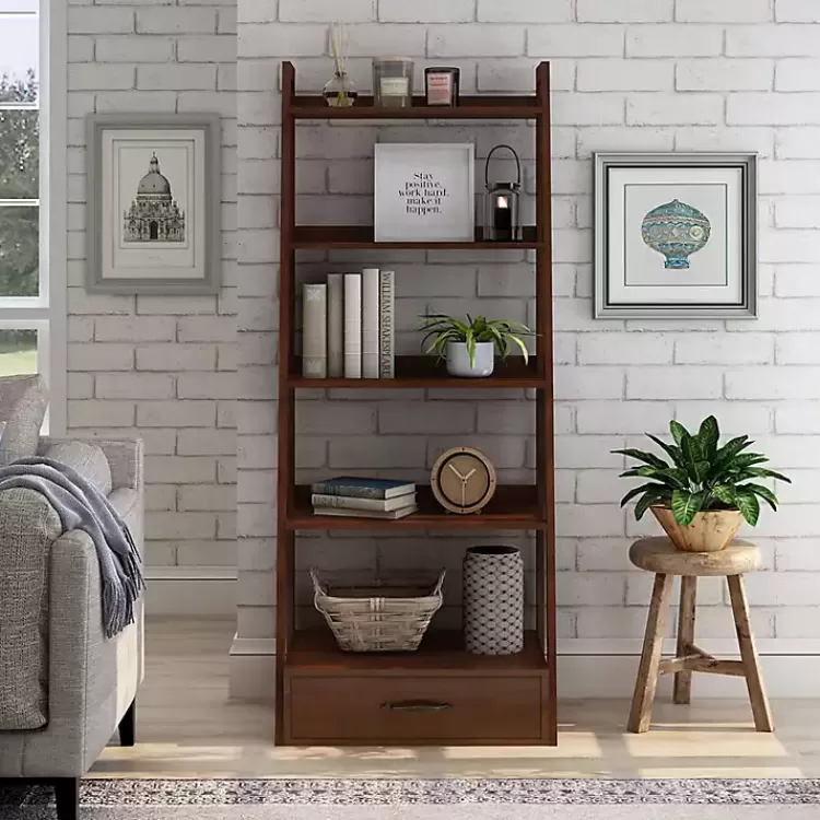 brown_wood_shelf_leaning_bookshelf_4.webp Wood 5-Shelf Leaning Bookshelf>Kirklands Home Clearance