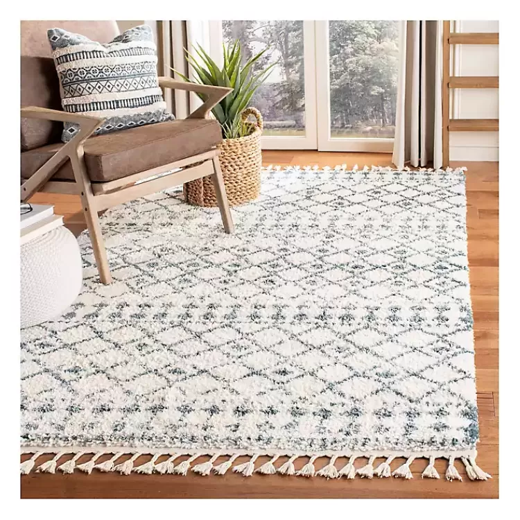 Cream and Blue Bergen Weathered Fringe Rug, 5x7>Kirklands Home Online