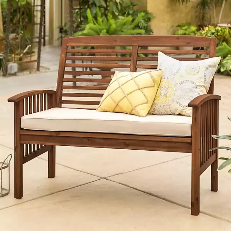 dark_brown_acacia_wood_loveseat_bench_with_cushion_3.webp Dark Acacia Wood Loveseat Bench with Cushion>Kirklands Home Store