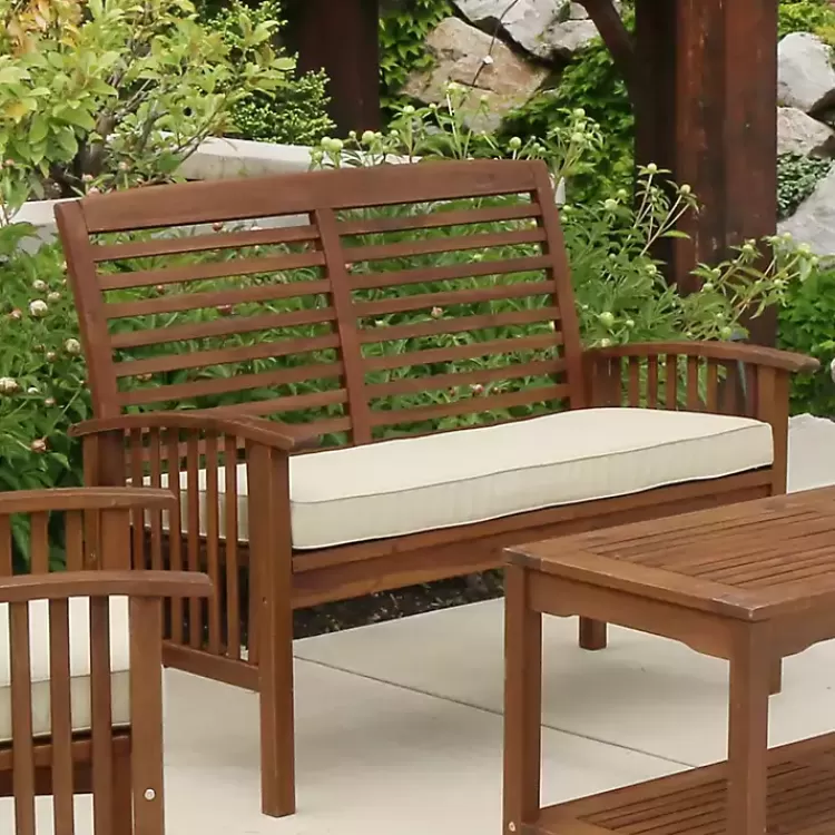 dark_brown_acacia_wood_loveseat_bench_with_cushion_4.webp Dark Acacia Wood Loveseat Bench with Cushion>Kirklands Home Store