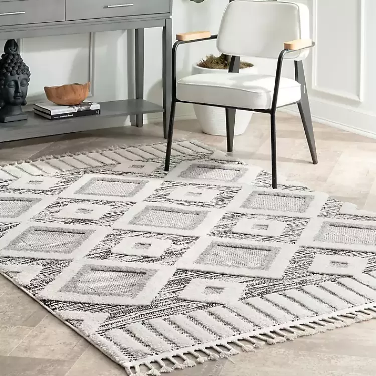 Gray Checkered Tiles Area Rug with Tassels, 5x7>Kirklands Home Discount