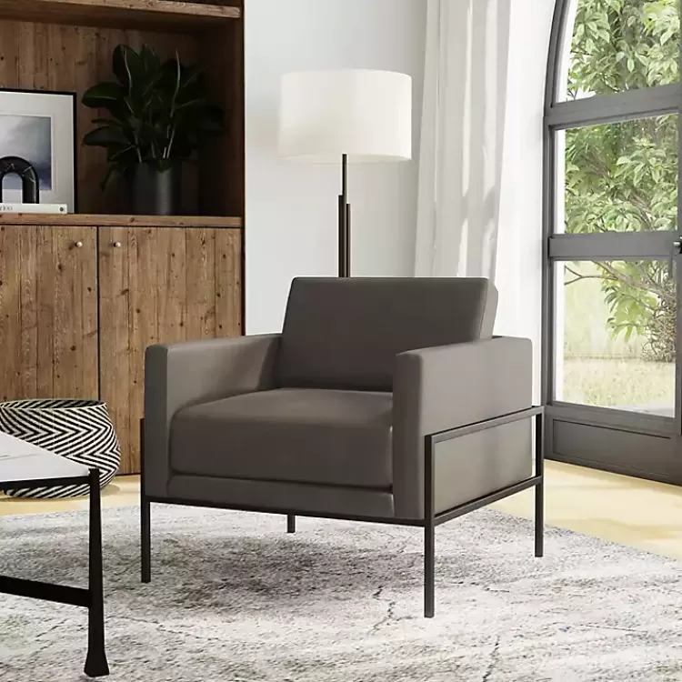 gray_faux_leather_black_metal_accent_chair_3.webp Faux Leather Black Metal Accent Chair>Kirklands Home Store