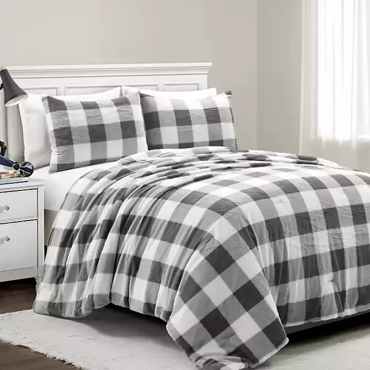 Gray Plaid Faux Fur 3-pc. King Comforter Set>Kirklands Home Hot