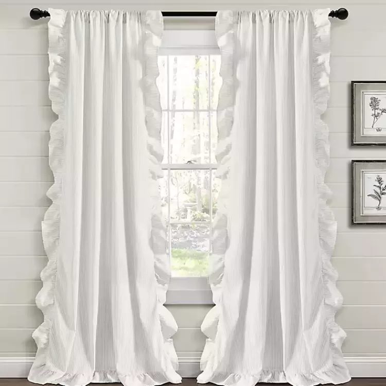 Gray Stripe Ruffled Curtain Panel Set, 84 in.>Kirklands Home Clearance