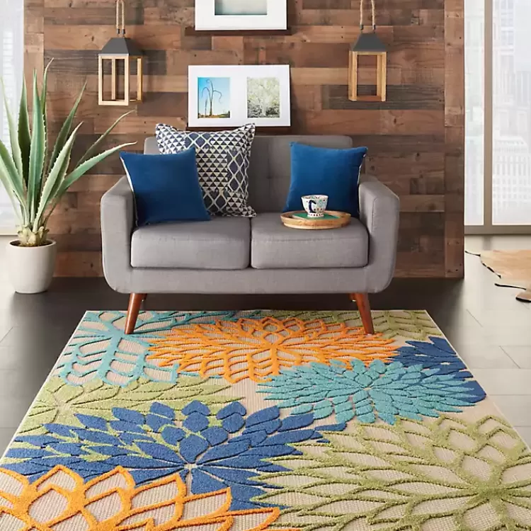 Green and Blue Floral Burst Outdoor Area Rug, 6x9>Kirklands Home Outlet
