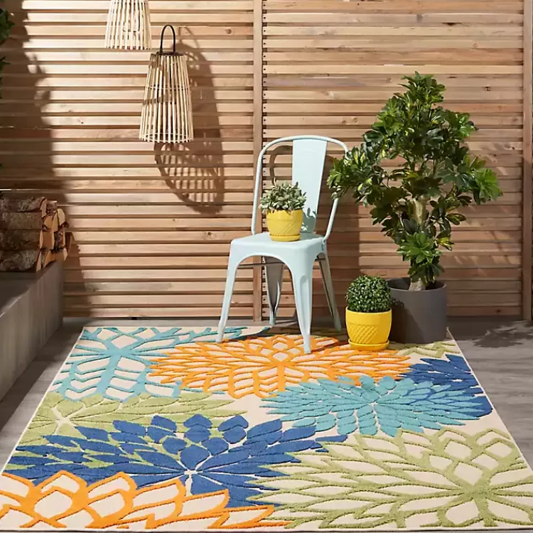 Green and Blue Floral Burst Outdoor Area Rug, 6x9>Kirklands Home Outlet