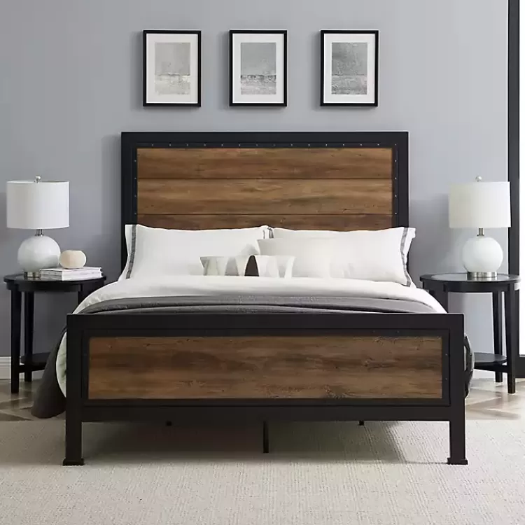 Industrial Rustic Oak Queen Bed with Metal Frame>Kirklands Home Best Sale