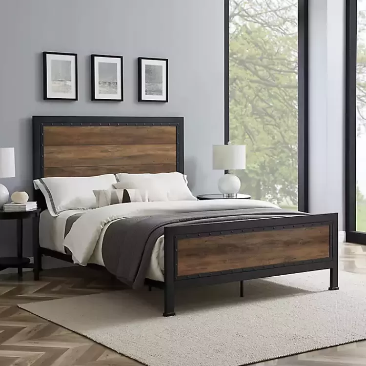 industrial_rustic_oak_queen_bed_with_metal_frame_2.webp Industrial Rustic Oak Queen Bed with Metal Frame>Kirklands Home Best Sale