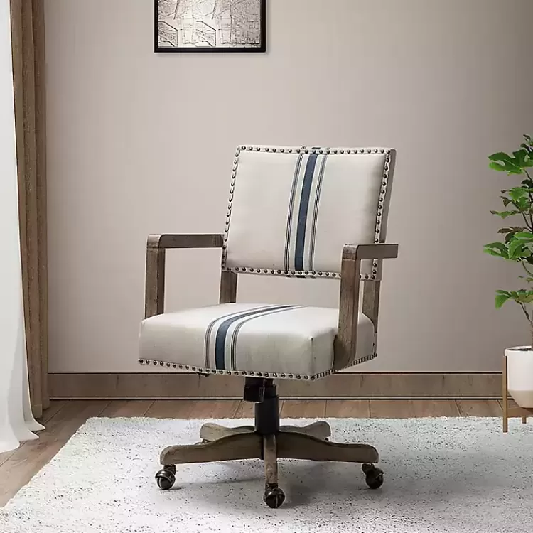 Ivory and Blue Stripe Natural Wood Office Chair>Kirklands Home Store