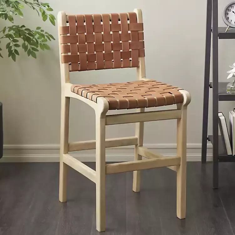 Light Brown Woven Leather Wooden Counter Stool>Kirklands Home Hot