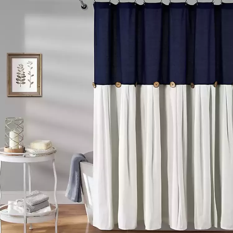 Navy and White Button Accent Linen Shower Curtain>Kirklands Home Fashion
