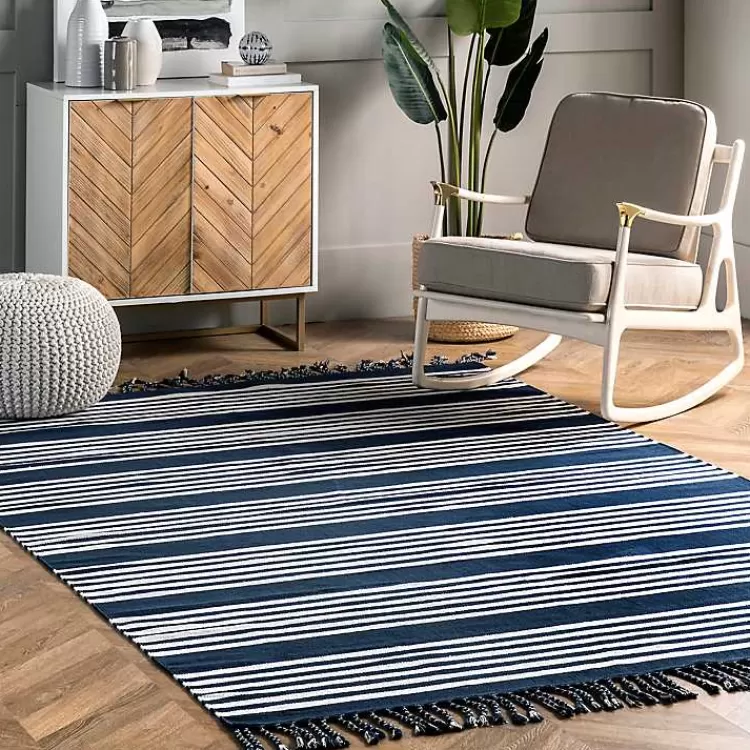 Navy Blue Striped Tassel Cotton Area Rug, 8x10>Kirklands Home Store