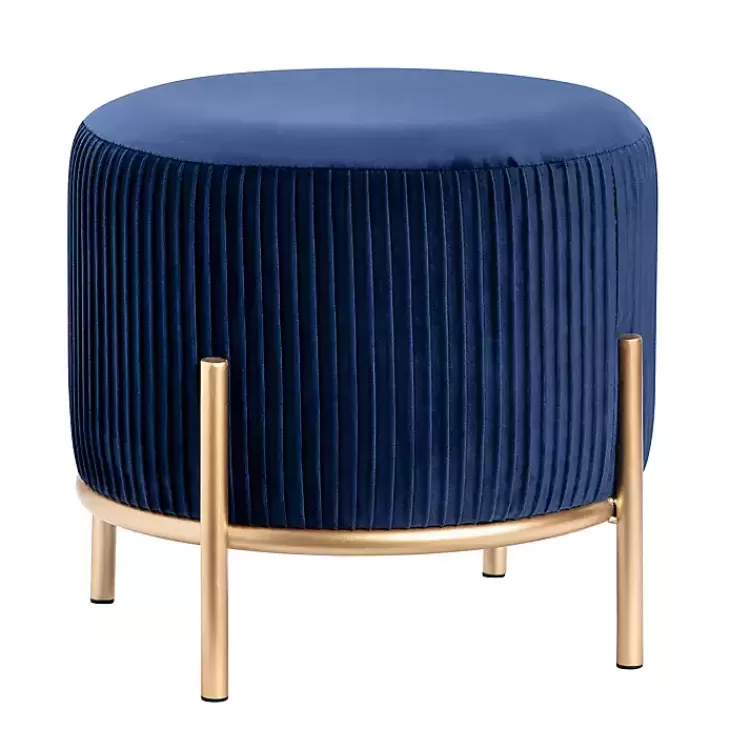 Navy Velvet Upholstered Round Ottoman>Kirklands Home Online
