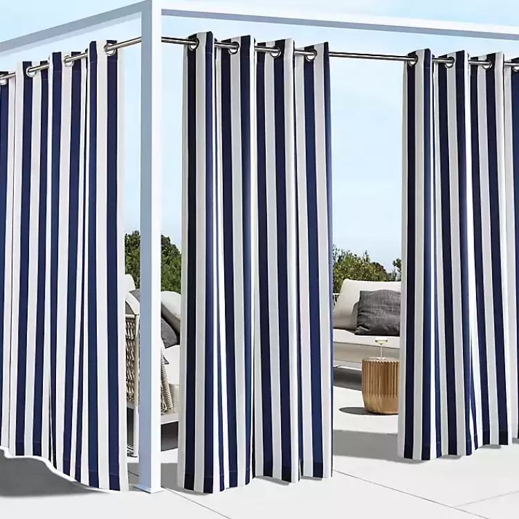 Navy Coastal Stripe Outdoor Curtain Panel, 96 in.>Kirklands Home Online