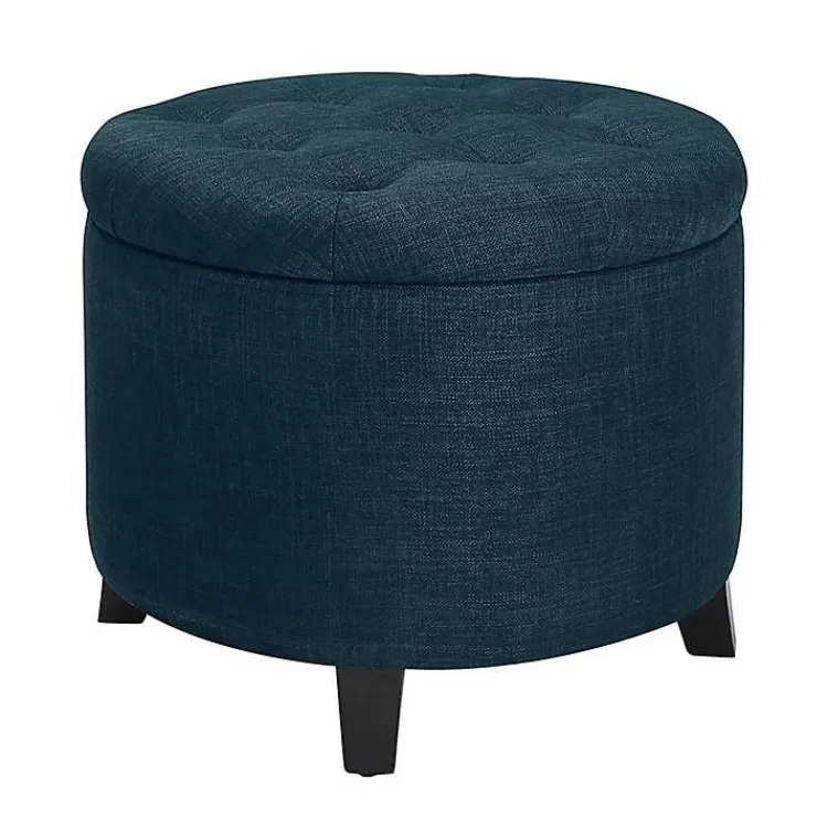 Navy Upholstered Eliza Round Storage Ottoman>Kirklands Home Best Sale