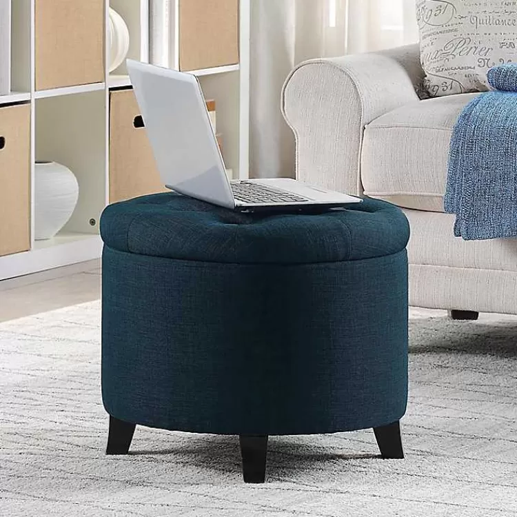 Navy Upholstered Eliza Round Storage Ottoman>Kirklands Home Best Sale