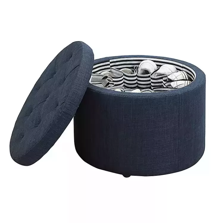 Navy Upholstered Round Shoe Storage Ottoman>Kirklands Home Sale