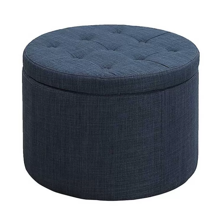 Navy Upholstered Round Shoe Storage Ottoman>Kirklands Home Sale