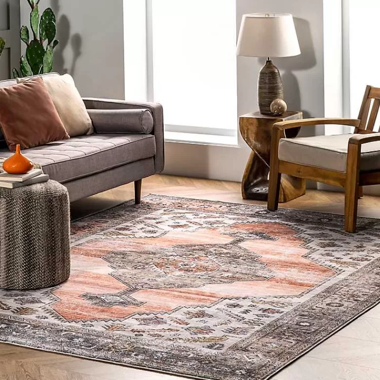 Orange Distressed Medallion Washable Area Rug, 3x5>Kirklands Home Discount