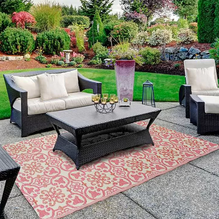 Pink and Cream Floral Tile Outdoor Area Rug, 4x6>Kirklands Home Cheap