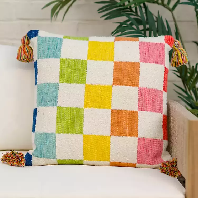 Rainbow Checkered Outdoor Pillow>Kirklands Home Sale