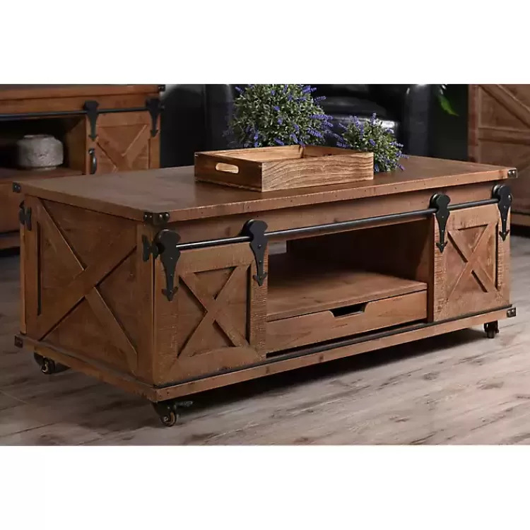 Rustic Fir Wood Rolling Barn Door Coffee Table>Kirklands Home New
