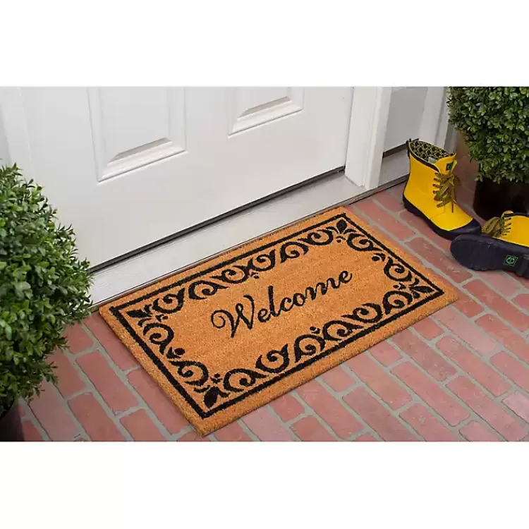 Tan and Black Scroll Welcome Doormat, 29x17 in.>Kirklands Home Flash Sale