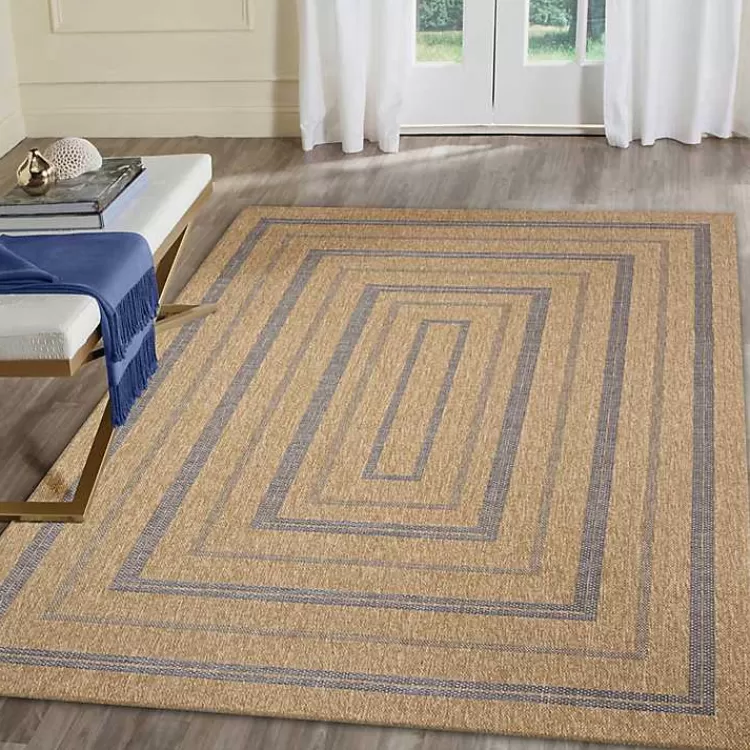 tan_and_navy_framed_indooroutdoor_area_rug_x_5.webp Tan and Navy Framed Indoor/Outdoor Area Rug, 7x9>Kirklands Home Outlet