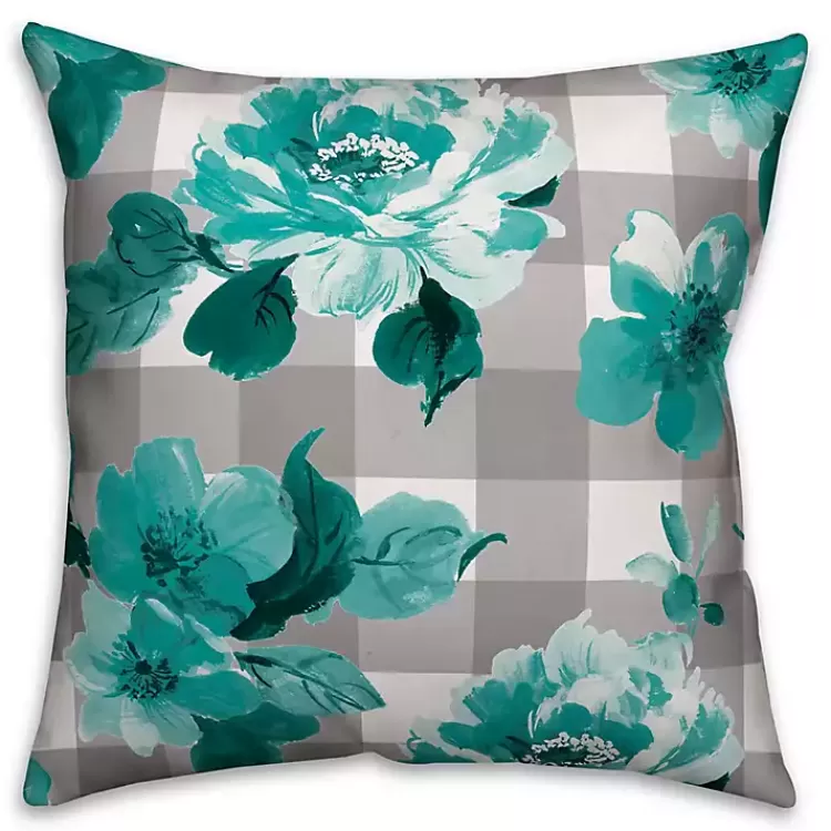 Teal Floral Buffalo Check Outdoor Pillow>Kirklands Home Best Sale