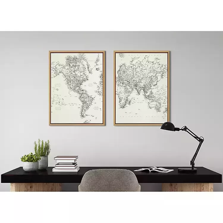 Vintage World Map Framed Canvas Art, Set of 2>Kirklands Home Online