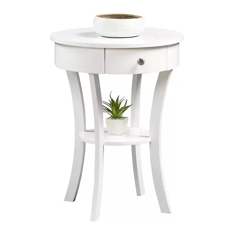 white_curved_legs_round_drawer_accent_table_2.webp Curved Legs Round Drawer Accent Table>Kirklands Home Fashion
