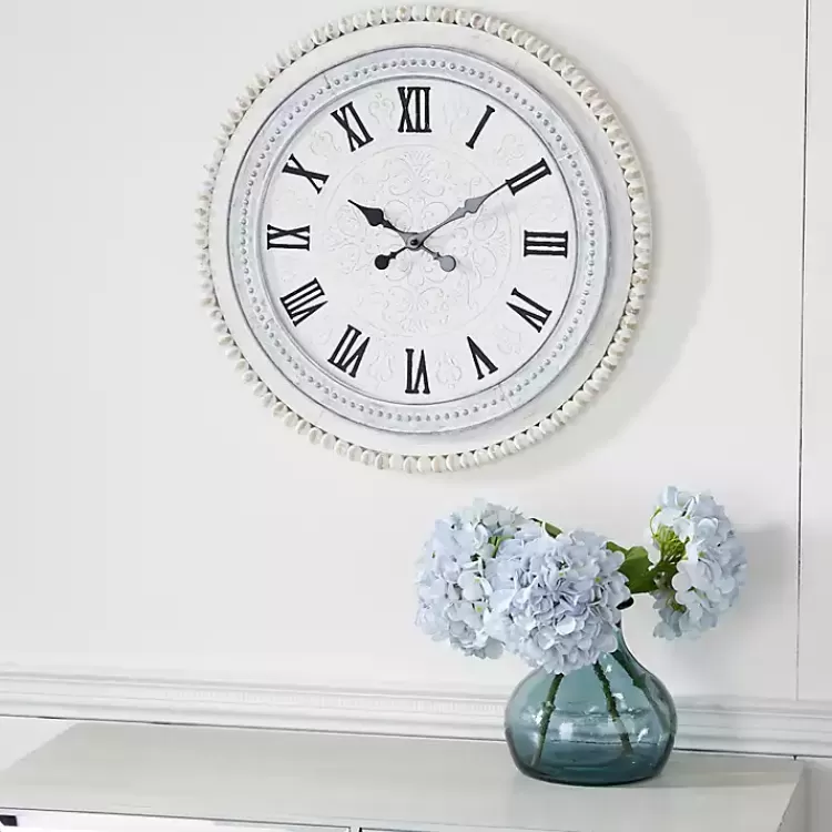 White Distressed Wood Round Beaded Wall Clock>Kirklands Home Sale