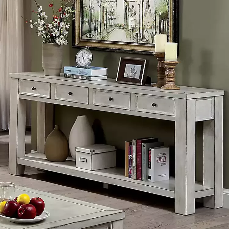 white_wood_drawer_farmhouse_console_table_4.webp Wood 4-Drawer Farmhouse Console Table>Kirklands Home Best