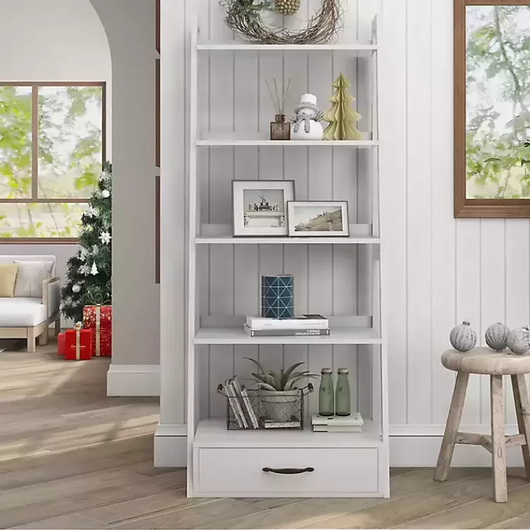 white_wood_shelf_leaning_bookshelf_4.webp Wood 5-Shelf Leaning Bookshelf>Kirklands Home Best